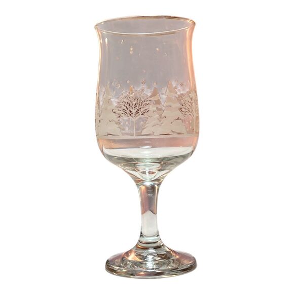 VTG Libbey Arby’s Winter Snow Scene Glasses 6 Glasses Etched Trees Gold Trim